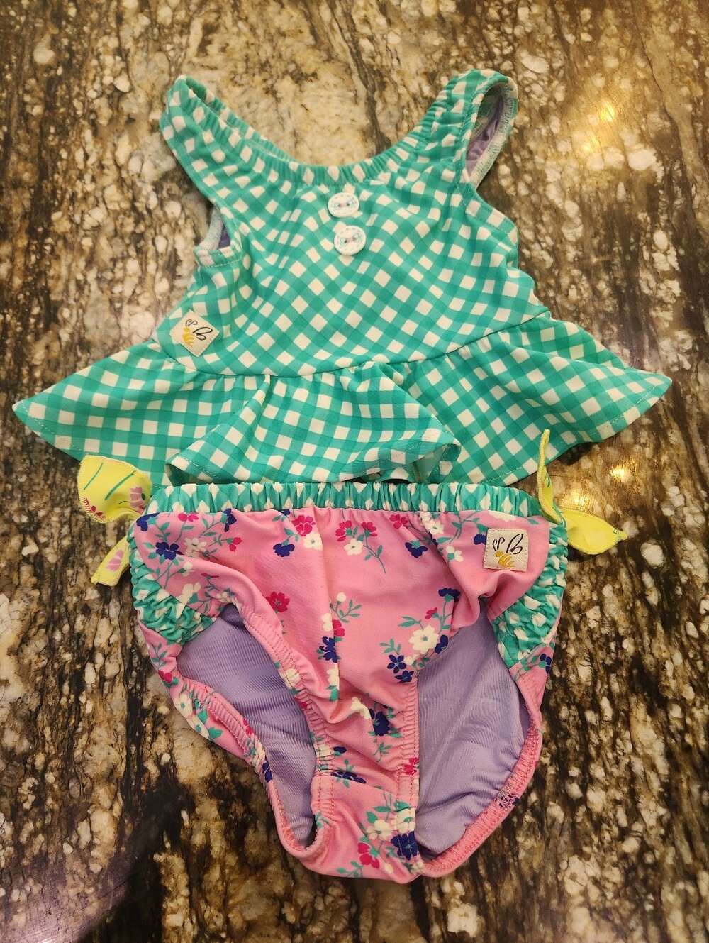 Wildflowers Girls Two-Piece Gingham Teal & Pink Floral Swim Set